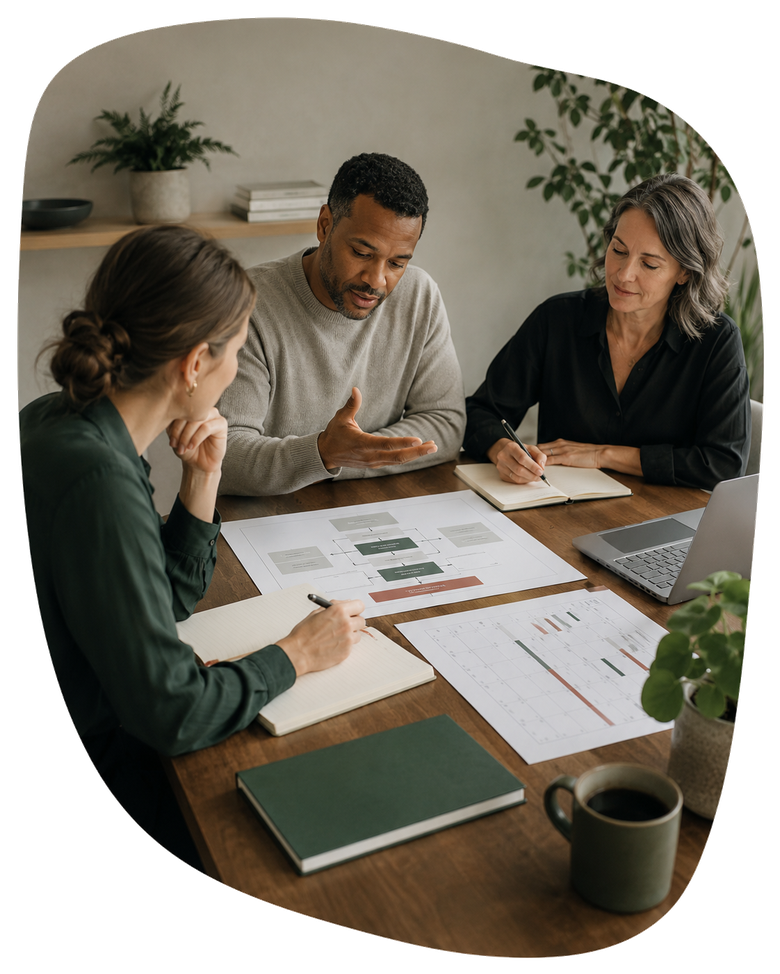 A team reviewing a project plan and timeline together at a conference table