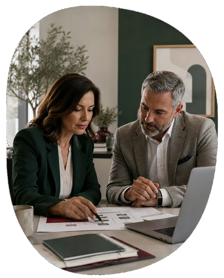 Two advisors reviewing an organizational plan together at a desk